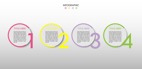 Infographic vector with 4 numbered steps structure in  lined colorful circles. Clever and simple diagram for presentation, business concept and plan.	

