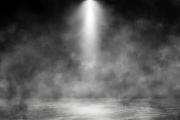 Empty space studio dark room of Concrete floor with spot lighting and fog in black background.