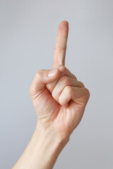 Man hand shows the number one. Countdown gesture or sign. Sign language.