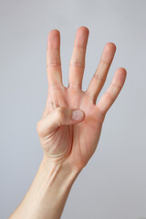 Man hand shows the number four. Countdown gesture or sign. Sign language.