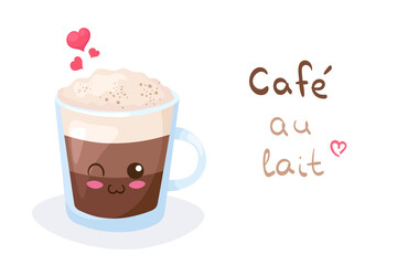 Kawaii Latte Coffee in Glass vector character isolated on white background. Smiling cup of caffeine beverage. Cute food mascot illustration with lettering. Card, fabric print, funny menu decoration.