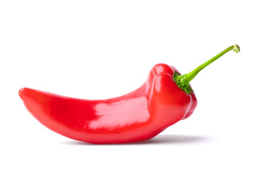 One whole red capsicum hot chili pepper (sweet bell, paprika, cayenne, chilli, Jalapeno, сubanelle, hungarian wax pepper) isolated on white background. Close up, copy space.