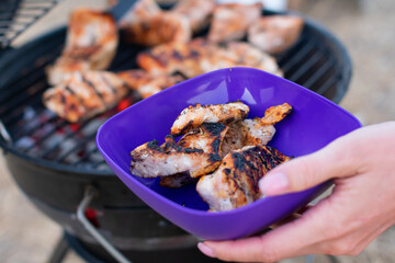 Assortment of marinated meat grilling over the hot coals on a BBQ with sausage, steak, chicken, spare ribs and kebabs with copy space