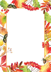 Modern frame with fall autumn colorful leaves on white background. Floral frame made of hand drawn watercolor fallen leaves.