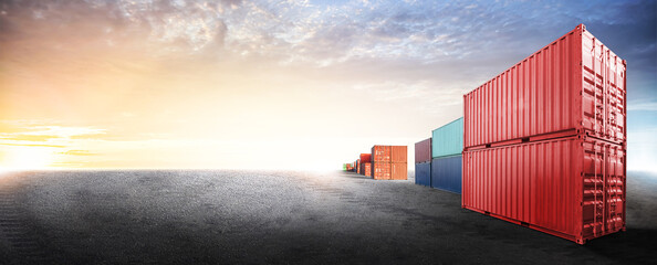 Containers box from cargo freight ship in dockyard with copy space and empty ground floor for...