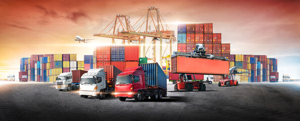Business logistics and transportation concept of containers cargo freight ship and cargo plane with...
