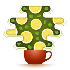 Ceramic cup of hot flavored tea with sliced lemon and mint leaves