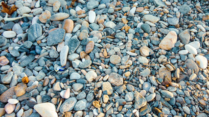 Stony beach on a sunny day. Background of different pebbles from above on the beach