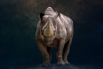 close up front view portrait of a rhino standing before a black background