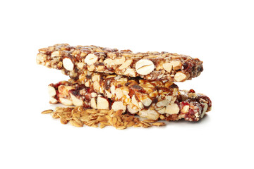 Tasty granola bars isolated on white background