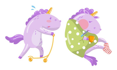 Funny Purple Unicorn Riding Scooter and Suffering from Fever Vector Illustration Set