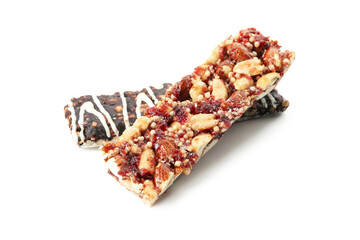 Tasty granola bars isolated on white background
