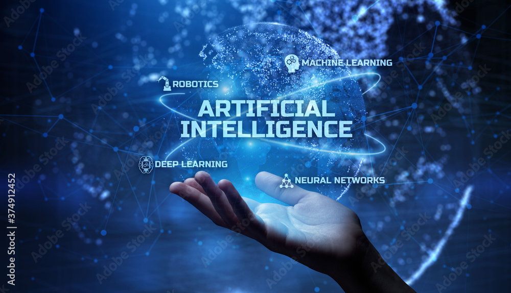 Poster ai artificial intelligence deep machine learning. smart technology, innovation, automation concept.