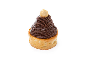 Tart with chocolate and nuts isolated on white