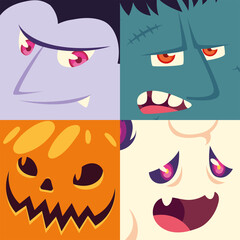 set of icons halloween with heads vampire, frankenstein, werewolf, pumpkin