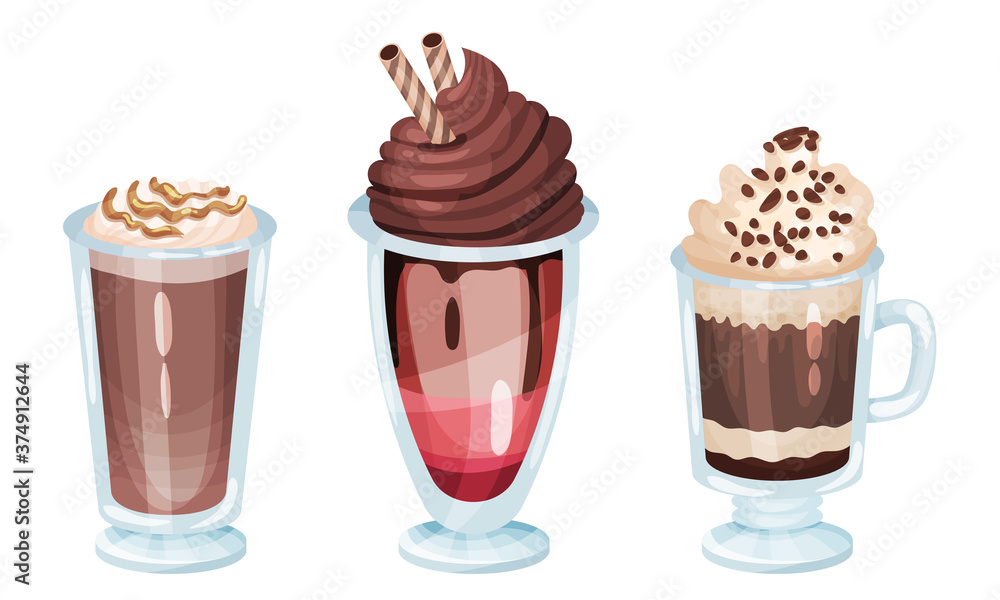 Poster desserts served in glass with chocolate and whipped cream vector set