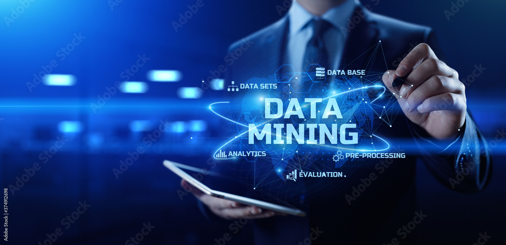 Poster data mining information technology concept on futuristic virtual screen.