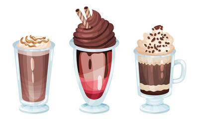 Desserts Served in Glass with Chocolate and Whipped Cream Vector Set