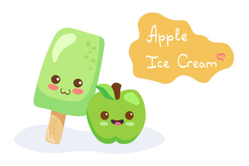 Kawaii Green Apple Ice Cream & Fruit vector characters isolated on white background. Funny & smiling dessert. Cute food mascot illustration with hand drawn lettering. Card, fabric print, menu design.