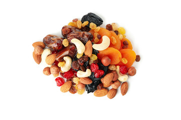 Nuts and dried fruits isolated on white background