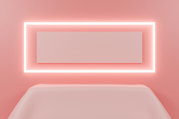 3d render glowing neon frame and empty podium.