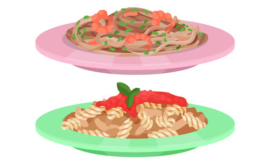 Pasta with Tomato Sauce, Potherbs and Shrimps Served on Plate Vector Illustration Set