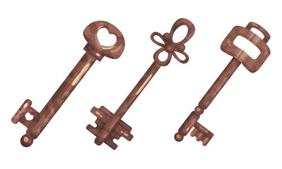 Copper Key as Device for Closing and Opening Door Vector Set