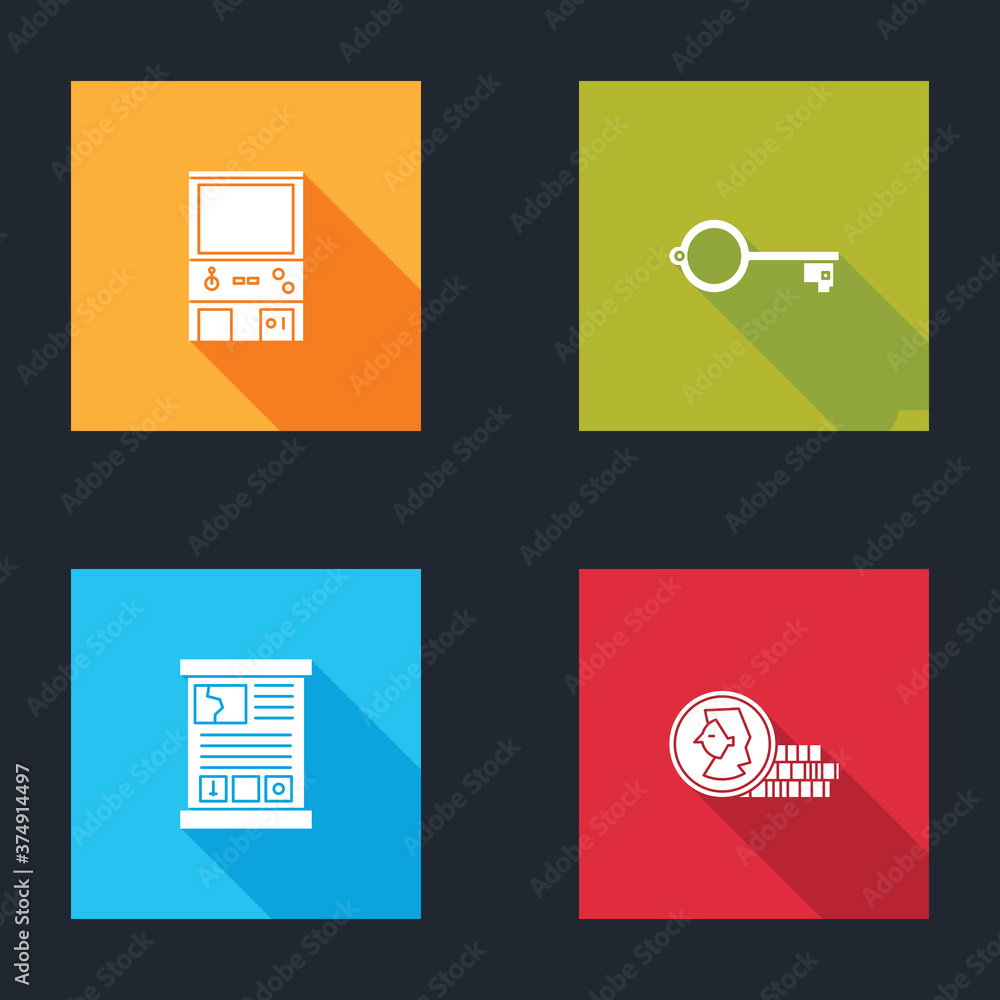 Aufkleber set retro arcade game machine, ancient key for, game guide and coin icon. vector.