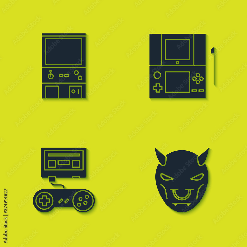 Aufkleber set retro arcade game machine, mask of the devil with horns, game console joystick and portable vide