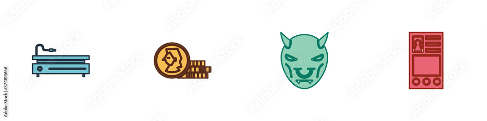 Aufkleber set video game console, coin for, mask of the devil with horns and create account screen icon. vecto