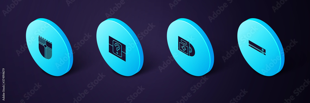 Poster set isometric video game console, cd or dvd disk in box, mystery random and shield for icon. vector.