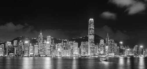 Panorama of night scenery of Victoria Harbor in Hong Kong city