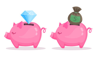 Pink Piggy Bank or Moneybox with Hole Vector Set
