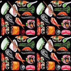 Raster illustration of sushi and rolls. Seamless seam, pattern, print. High detail rendering.