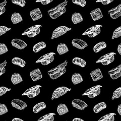 Raster illustration of sushi and rolls. Seamless seam, pattern, print. High detail rendering.