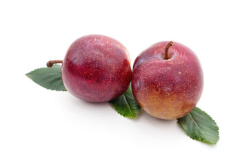 Two plums with leaves.