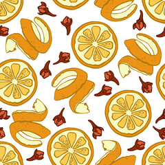 Seamless pattern of citrus fruits and cloves, vector illustration