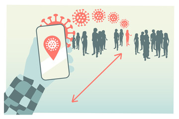 Smartphone covid-19 coronavirus tracking. Location tracking application for people infected with the corona virus. Corona virus outbreak information application. Flat vector illustration.
