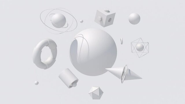 White geometric shapes. Hard light. Monochrome abstract animation, 3d render.	