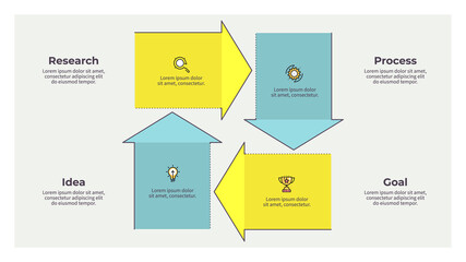 Business process. Chart with 4 steps, options, arrows. Vector template.