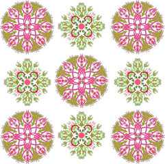 Green and pink floral patterns on the white background 