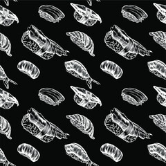 Vector illustration of sushi and rolls. Seamless seam, pattern, print. High detail rendering.