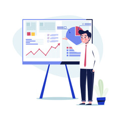 Happy businessman presenting marketing data on a presentation screen board explaining charts