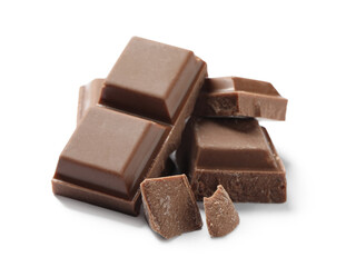 Pieces of delicious milk chocolate isolated on white