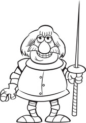 Black and white illustration of a smiling knight holding a lance.
