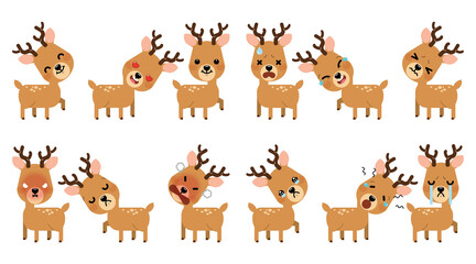 Obraz na płótnie Canvas Set of expression of emotions of funny reindeer for Christmas decoration set isolated on white background. Vector Illustration.