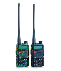 Two walkie-talkies radio on white background isolation