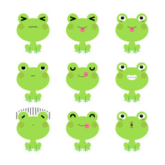 Set of cute cartoon green frog emoji set isolated on white background. Vector Illustration.