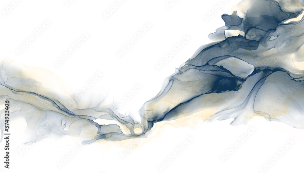 Poster abstract fluid art painting background alcohol ink technique deep blue and gold with text space for 