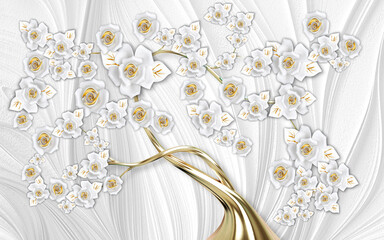 3d mural wallpaper abstract gray background tree with golden stem and flowers . will visually expand the space in a small room, bring more light and become an accent in the interior 